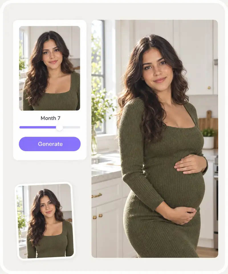 Pregnant AI upload panel with the month slider and the Generate button next to the finished pregnant photo