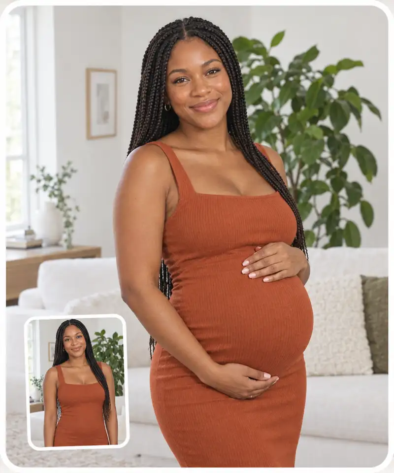 A woman in a rust-orange dress before and after Pregnant AI added an eight-month baby bump