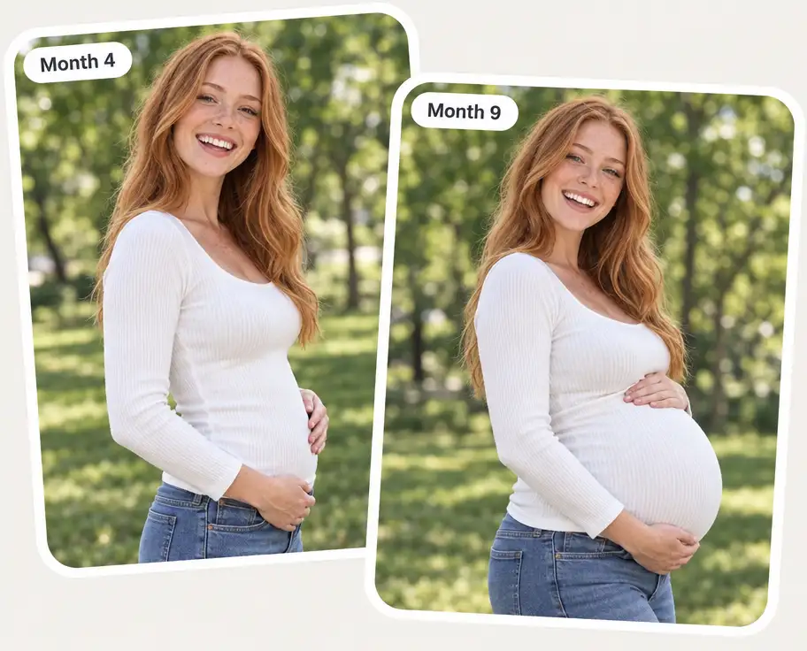 The same woman at month 4 and month 9 on the Pregnant AI slider