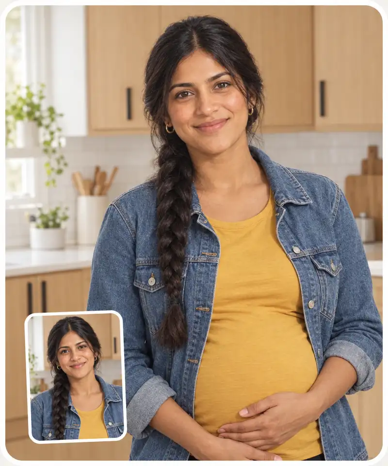 The same woman in a denim jacket before and after, only the baby bump changed
