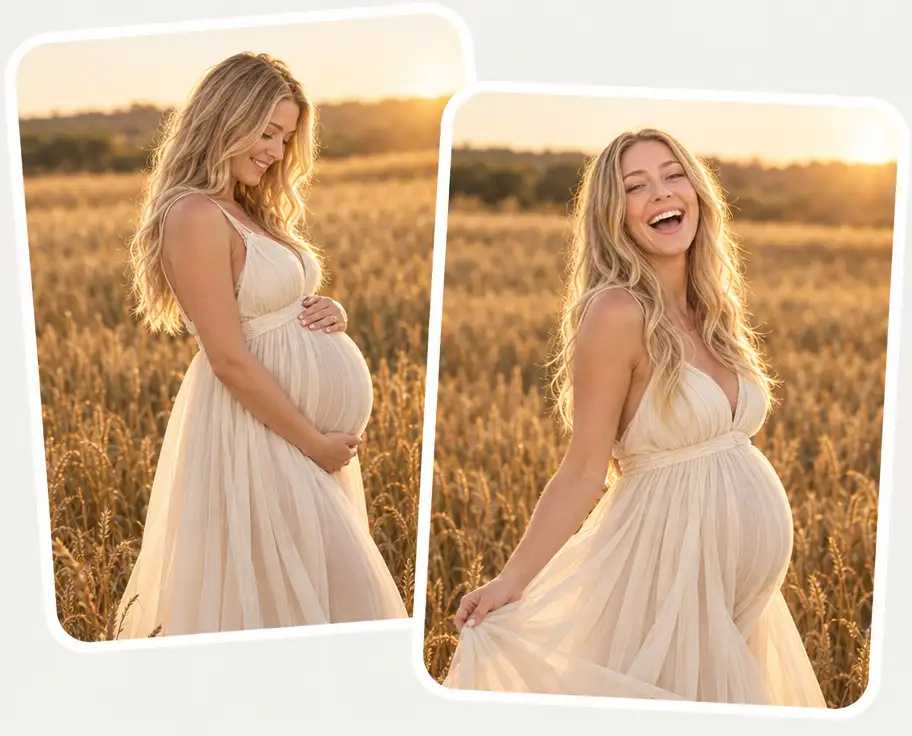 Two poses from one AI maternity photo shoot in a golden wheat field