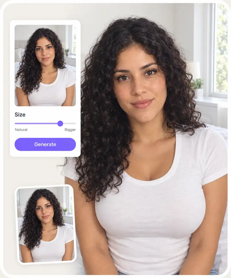 AI Boobs upload panel with the size slider from Natural to Bigger and the Generate button next to the result