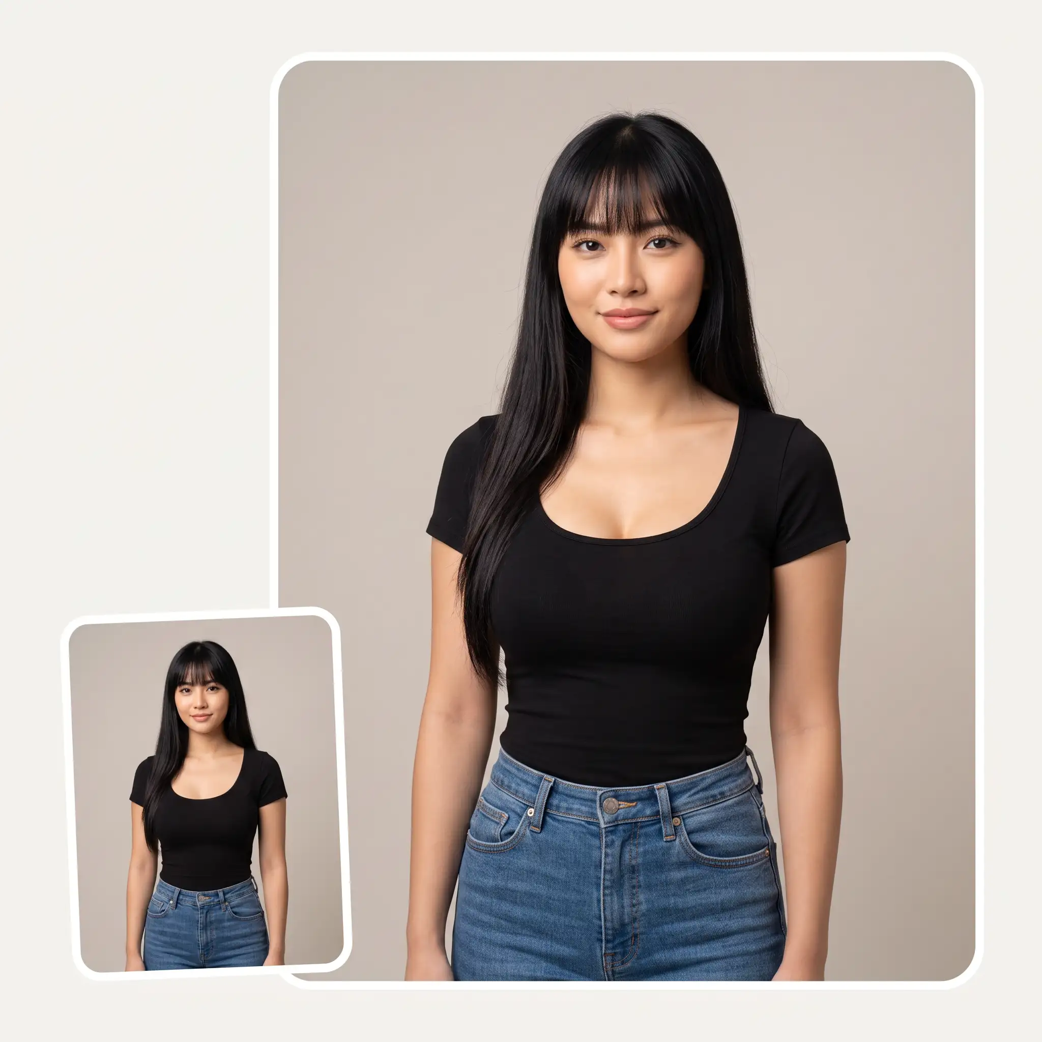 A woman in a black top before and after the AI breast enlarger, same face and outfit