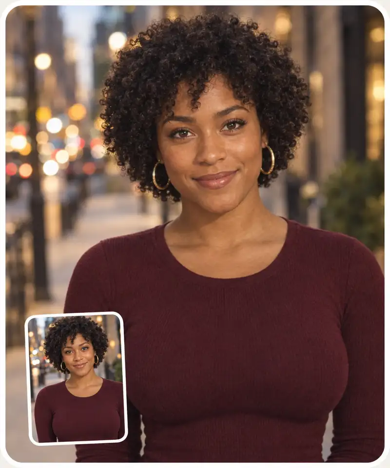 The same woman in a burgundy top before and after, only the bust changed
