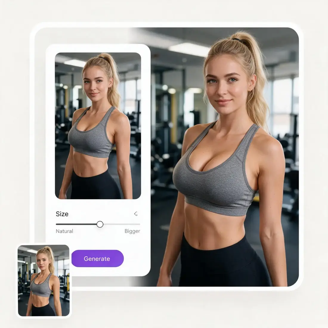 AI Boobs upload panel with the size slider from Natural to Bigger and the Generate button next to the result in gym clothes
