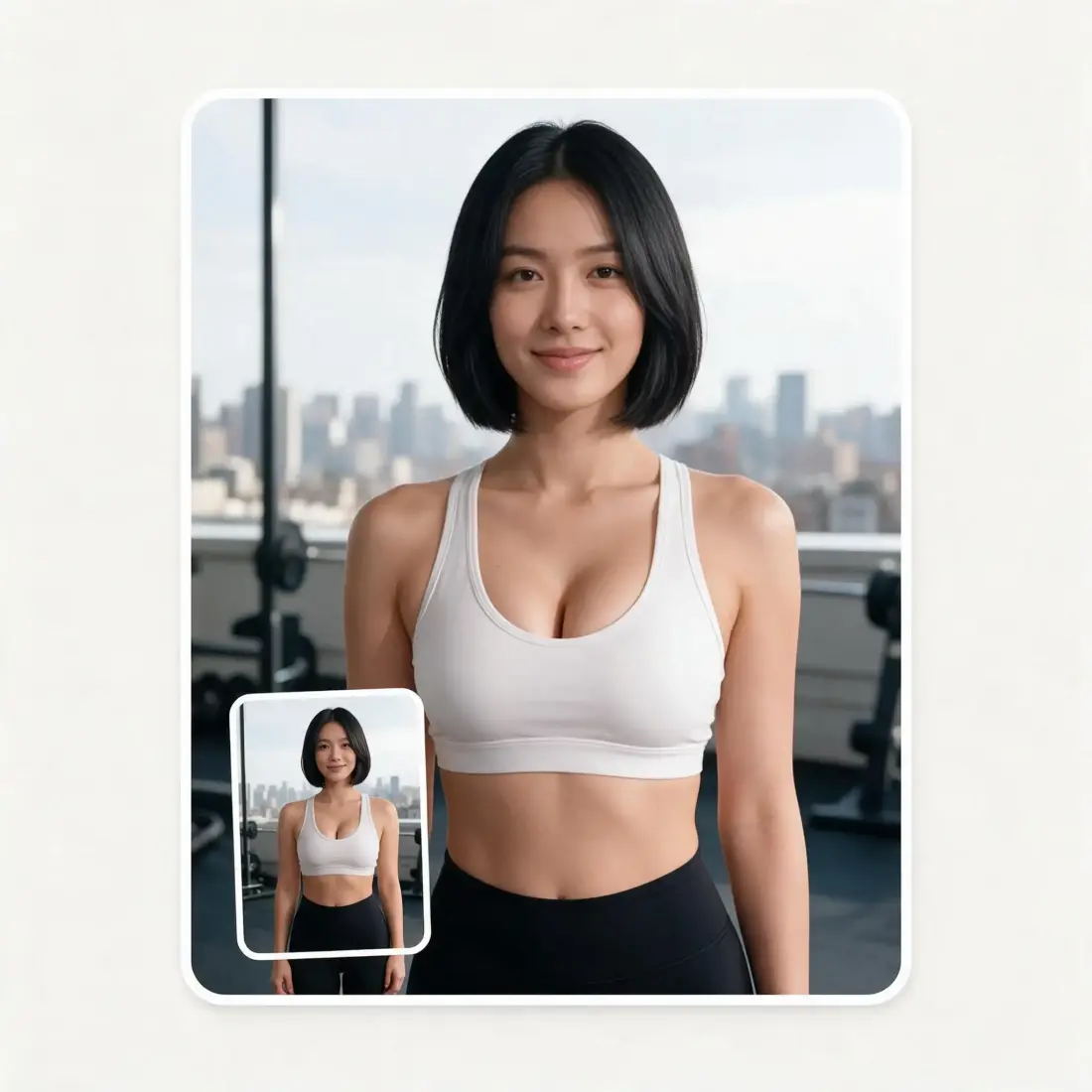 The same woman in a white sports bra before and after, only the bust changed