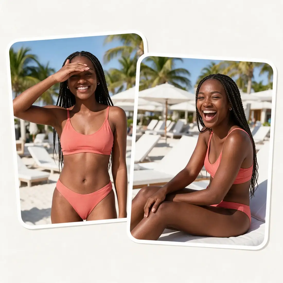 Two poses from one AI photo set in the same coral swimsuit at a beach club