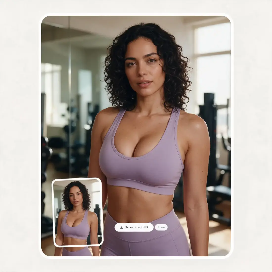 A finished result in a lilac sports bra with Download HD and Free buttons