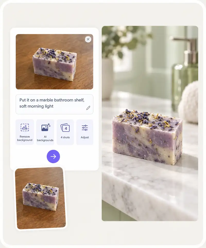 The AI product photography composer with an uploaded soap bar, a prompt, the preset tiles and the Generate arrow, next to the finished marble-shelf shot