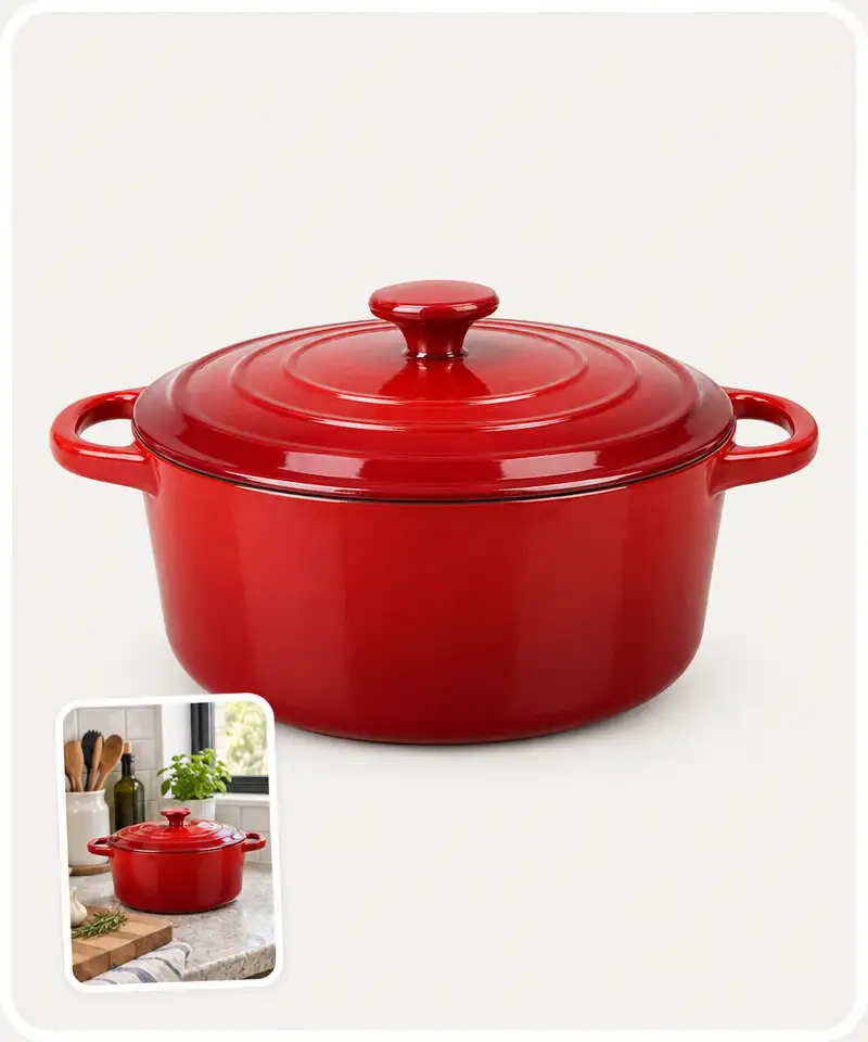 A red enamel pot cut out from a cluttered kitchen photo onto a pure white background