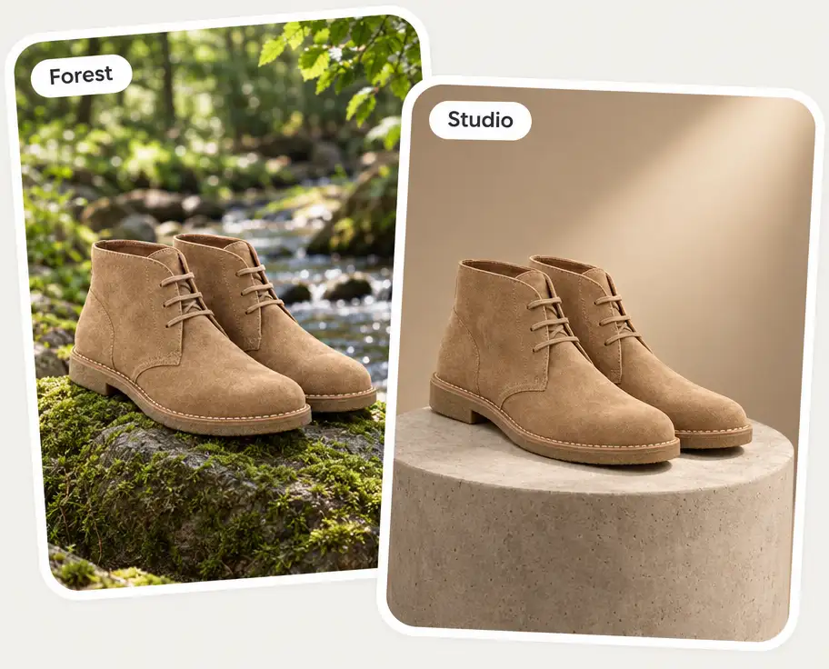The same suede boots in two AI scenes: on a mossy forest rock and on a concrete studio pedestal