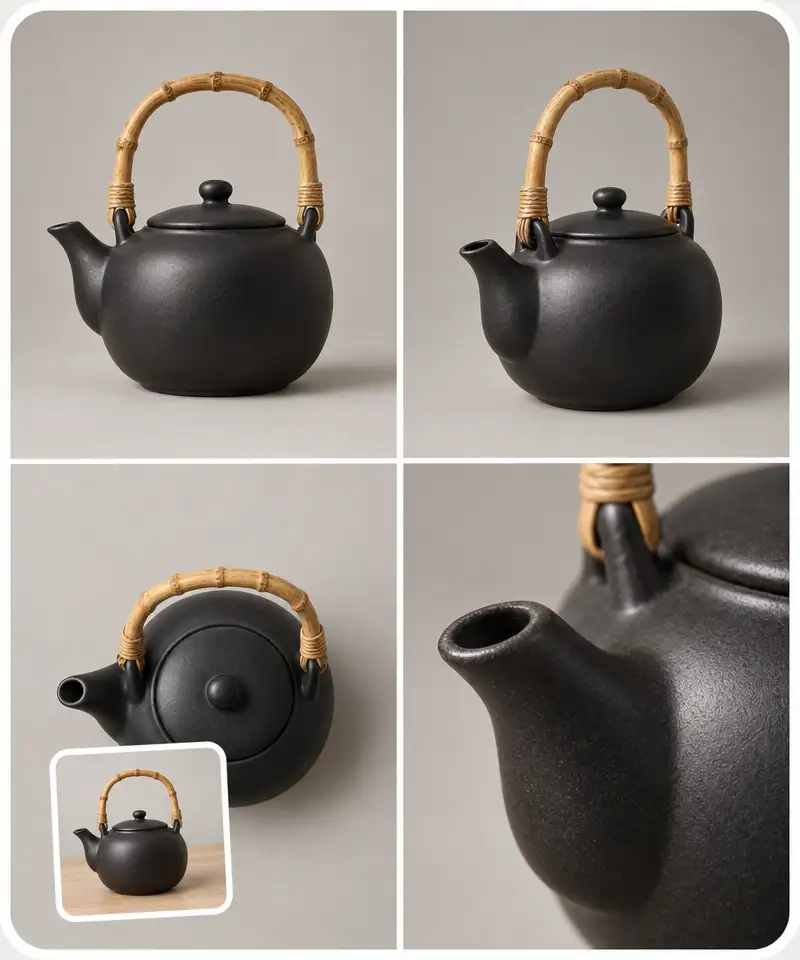 One teapot photo turned into four studio angles: front, angle, top and macro