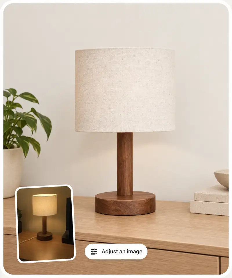 A dim phone photo of a desk lamp retouched into an evenly lit product photo with the Adjust an image preset