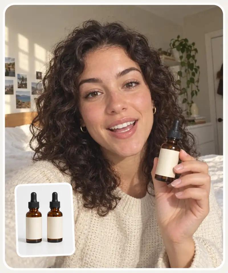 Two flat product photos of a serum bottle next to a creator holding that same bottle to camera in a UGC-style video