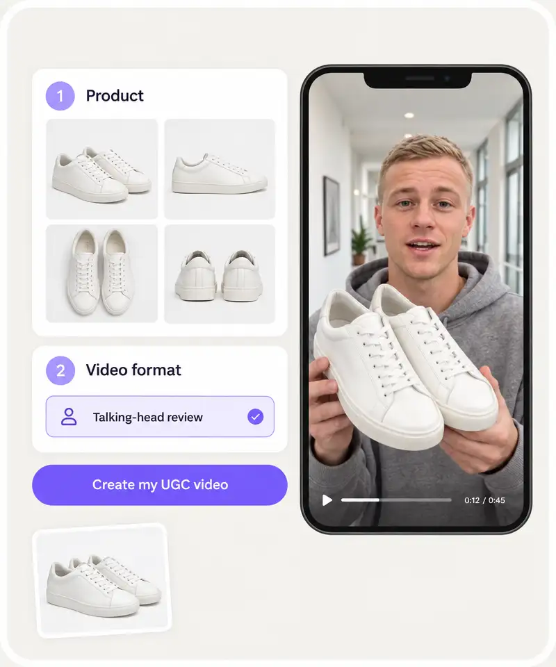 The UGC video generator with a product card, a chosen format and the Create my UGC video button next to the finished vertical clip