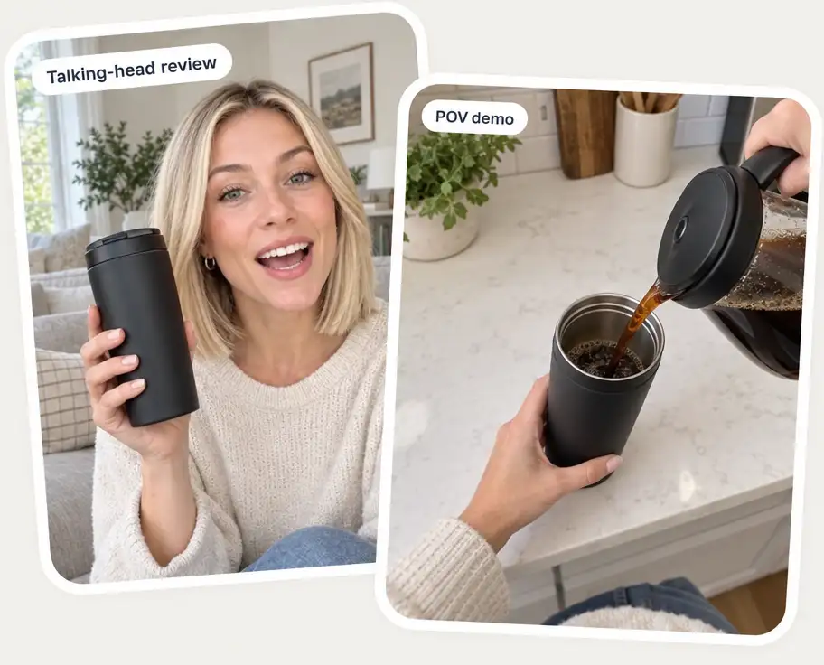 The same coffee tumbler in two UGC formats: a talking-head review and a POV demo