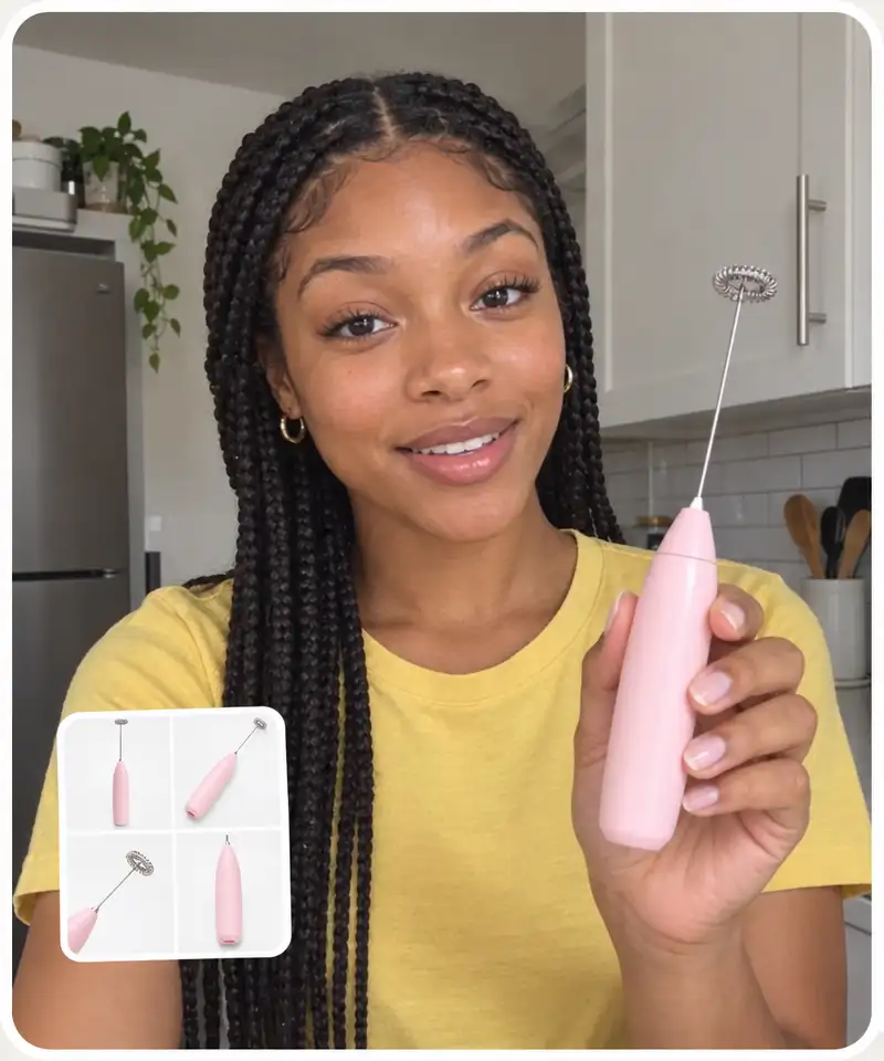 Four catalog photos of a pink milk frother next to a creator holding that exact frother on camera