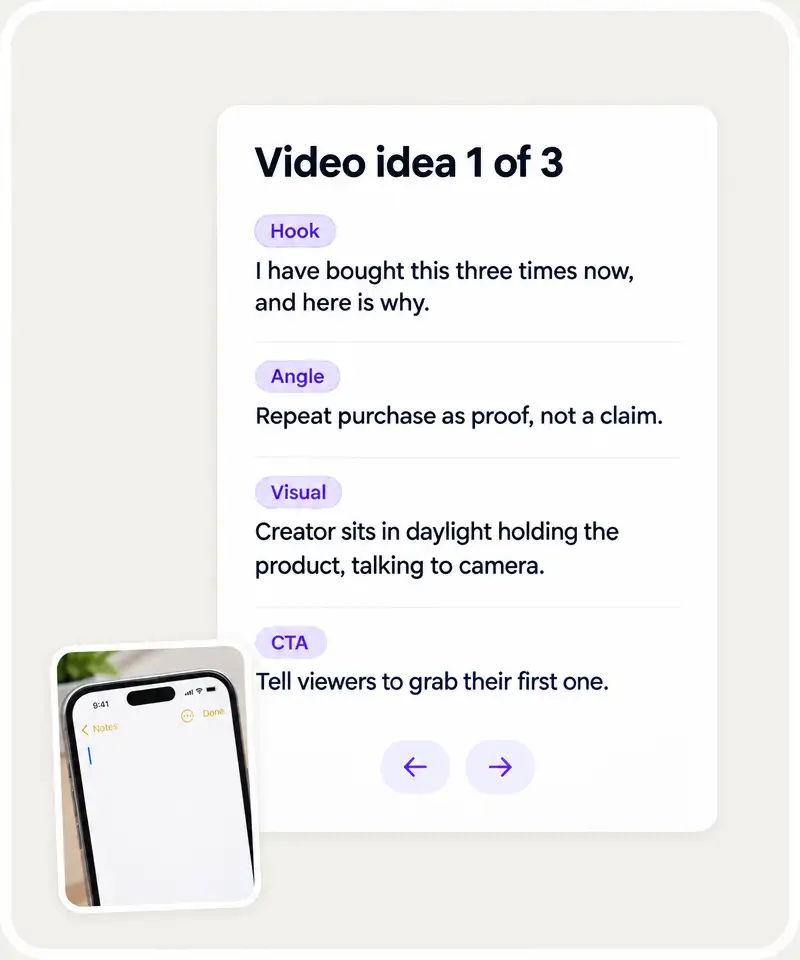 A video idea card with the hook, angle, visual and call to action written out