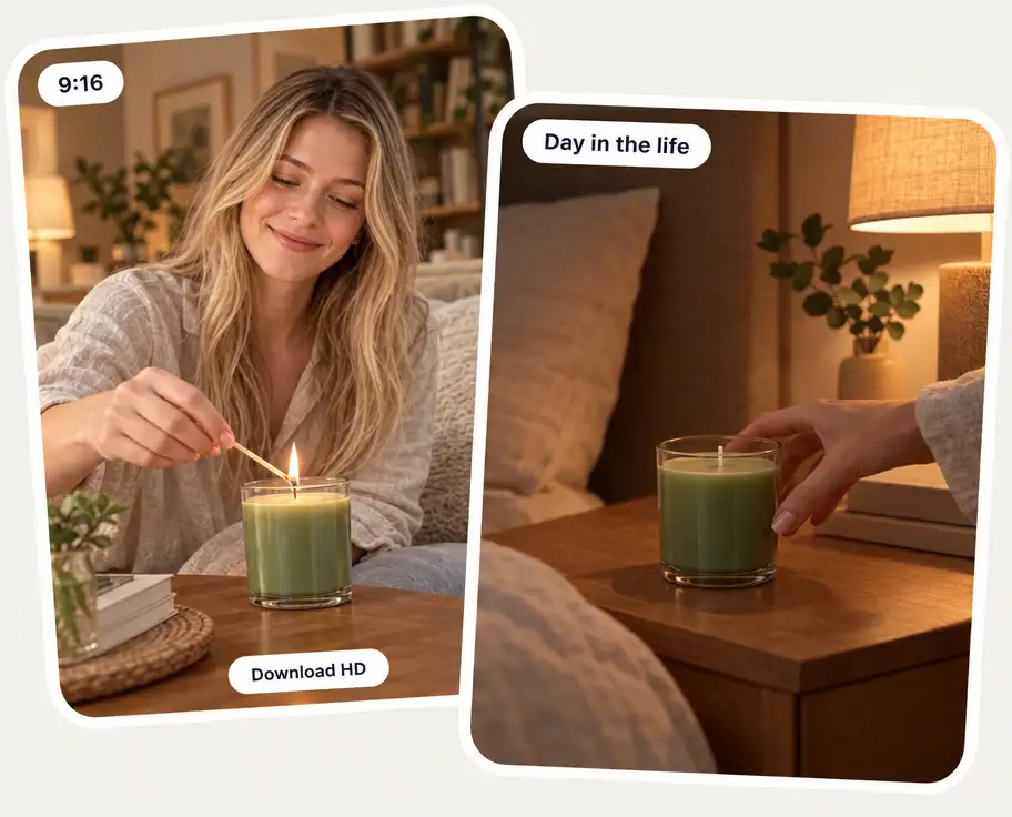 Two vertical 9:16 clips of the same candle, one with an HD download chip
