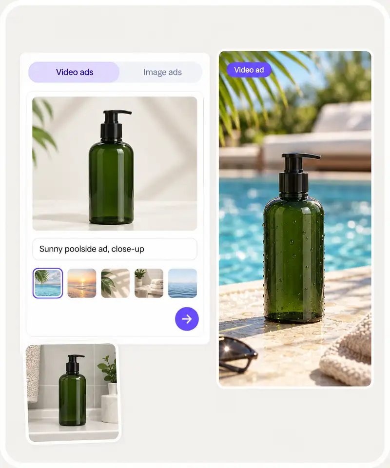 The AI ads generator with Video ads and Image ads tabs, an uploaded bottle, presets and the finished ad