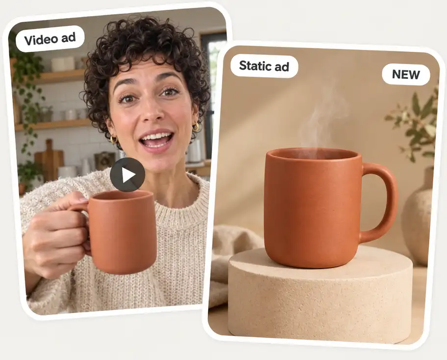 The same mug as a video ad with a creator and as a static studio ad