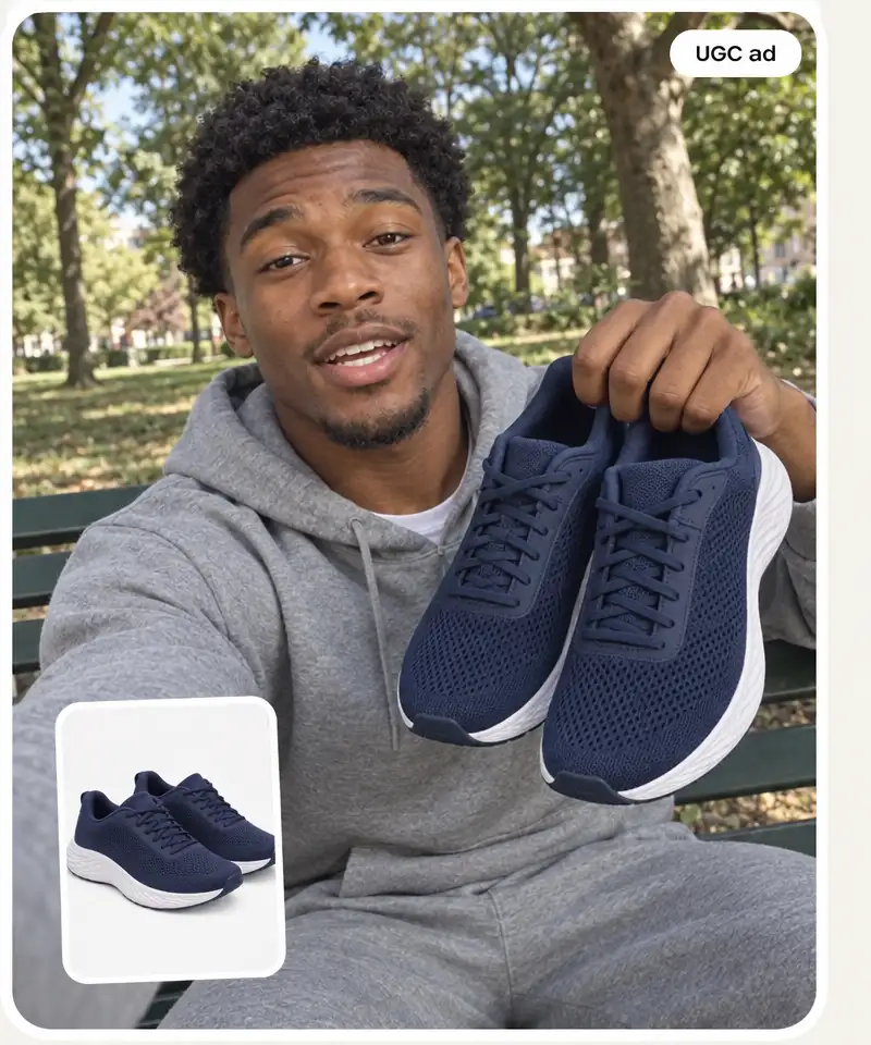 A catalog photo of running shoes next to a UGC-style ad of a man holding those shoes
