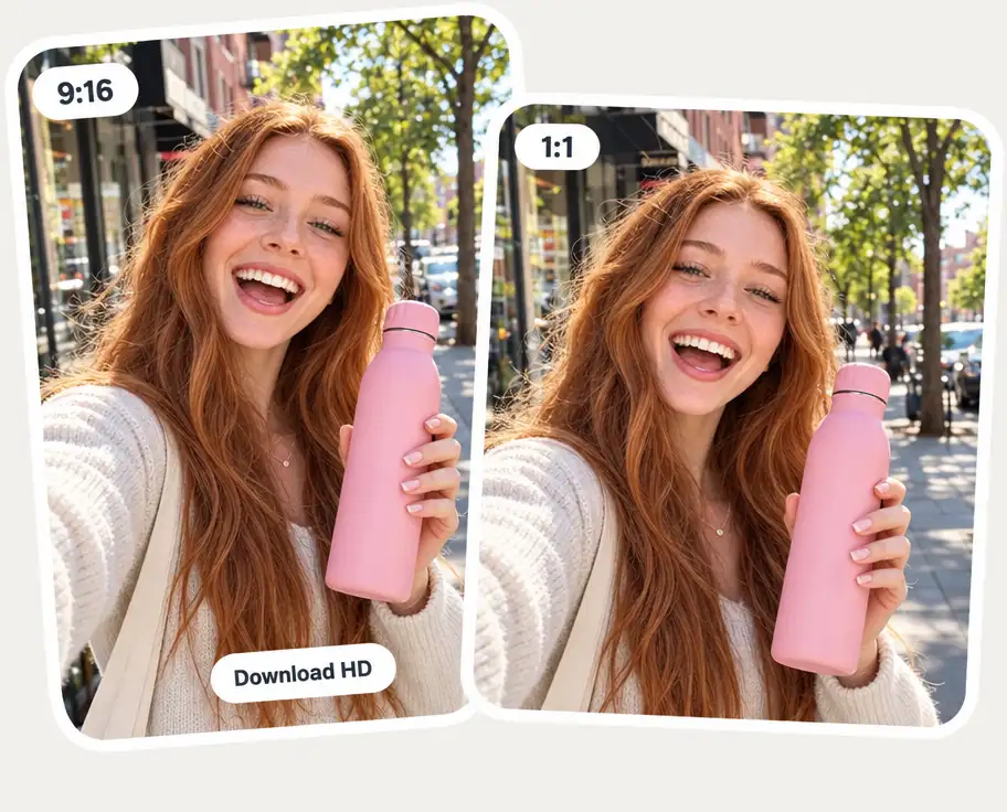 The same ad creative in a 9:16 and a 1:1 crop with an HD download chip