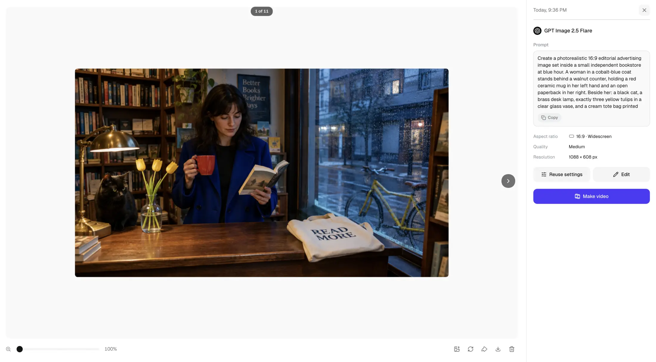 Overchat AI showing a GPT Image 2.5 Flare bookstore result