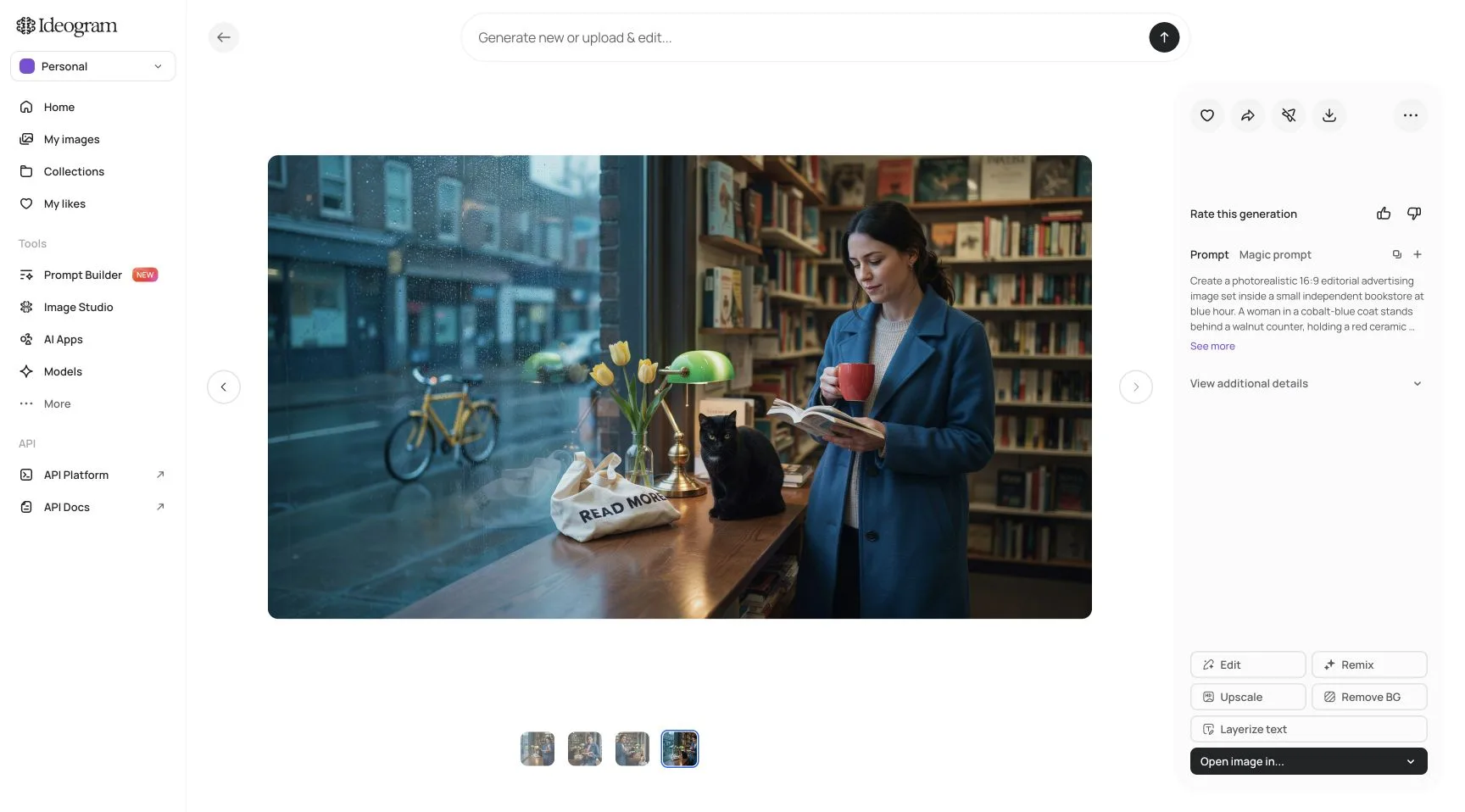 Ideogram 4.0 generating four versions of the bookstore test scene