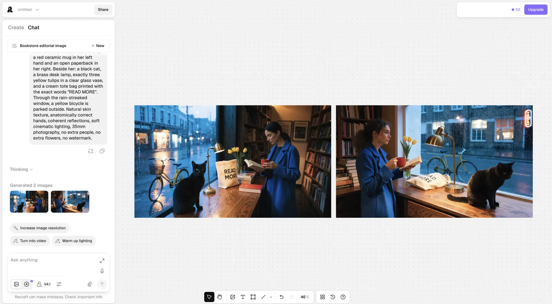 Recraft V4.1 showing two results for the bookstore test prompt