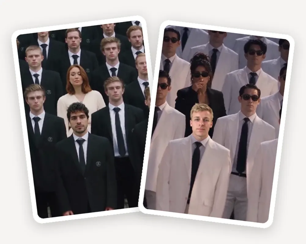 The same formation with two different casts: a crowd in black suits and a crowd in white suits
