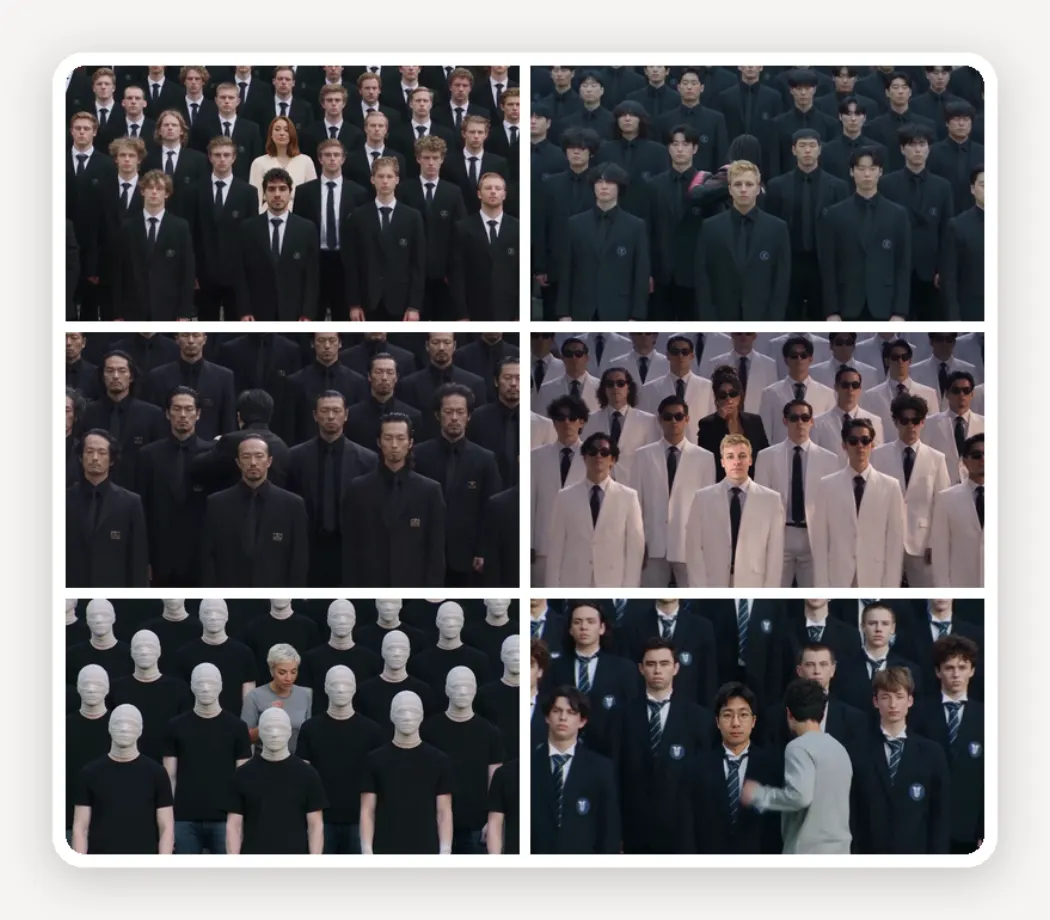 Six crowd dance templates: black suits, cadets, elders, white suits, wrapped faces and school blazers