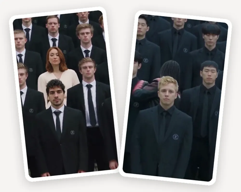 Two vertical 9:16 crops of a crowd dance scene, ready for Reels and TikTok