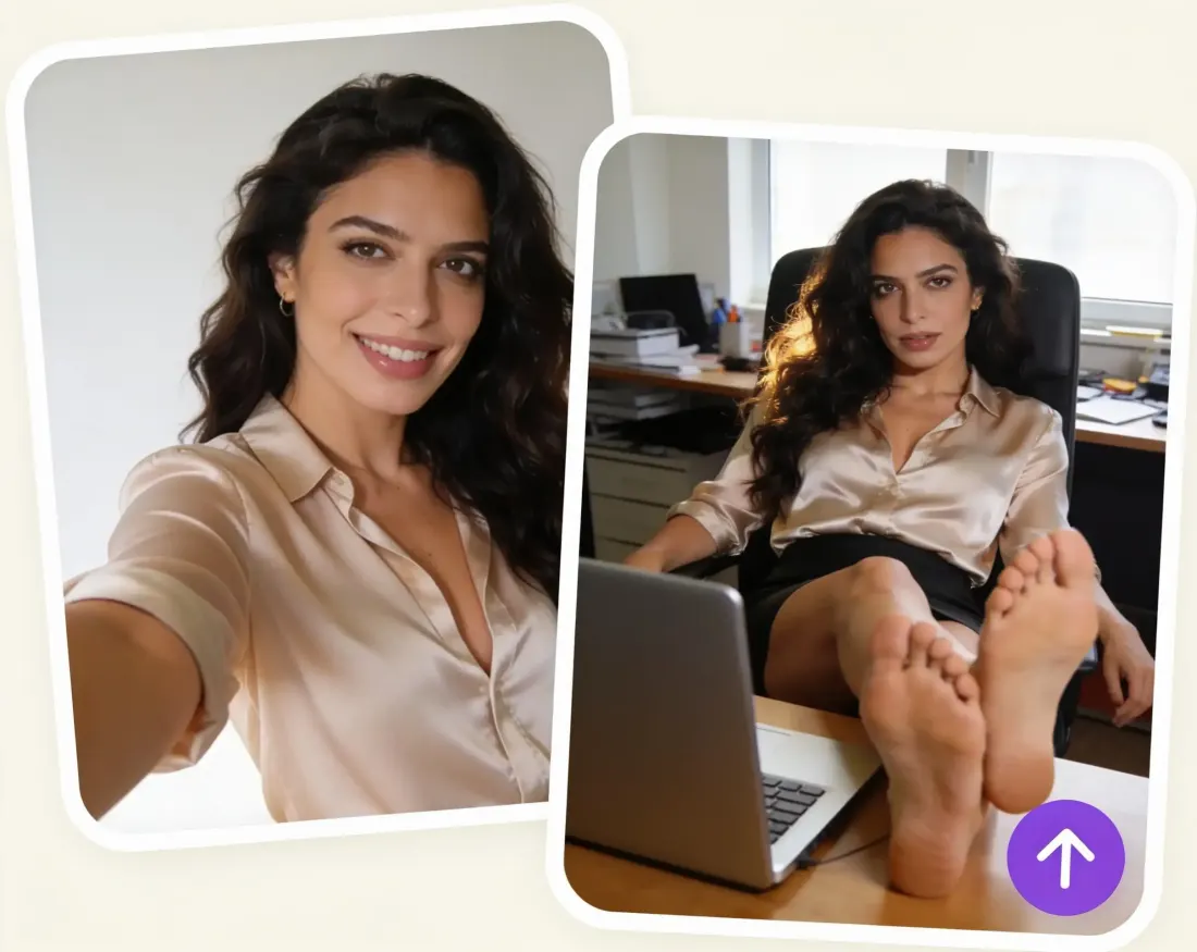 How the AI feet generator works: an uploaded selfie next to the finished AI generated feet photo of the same woman at her desk