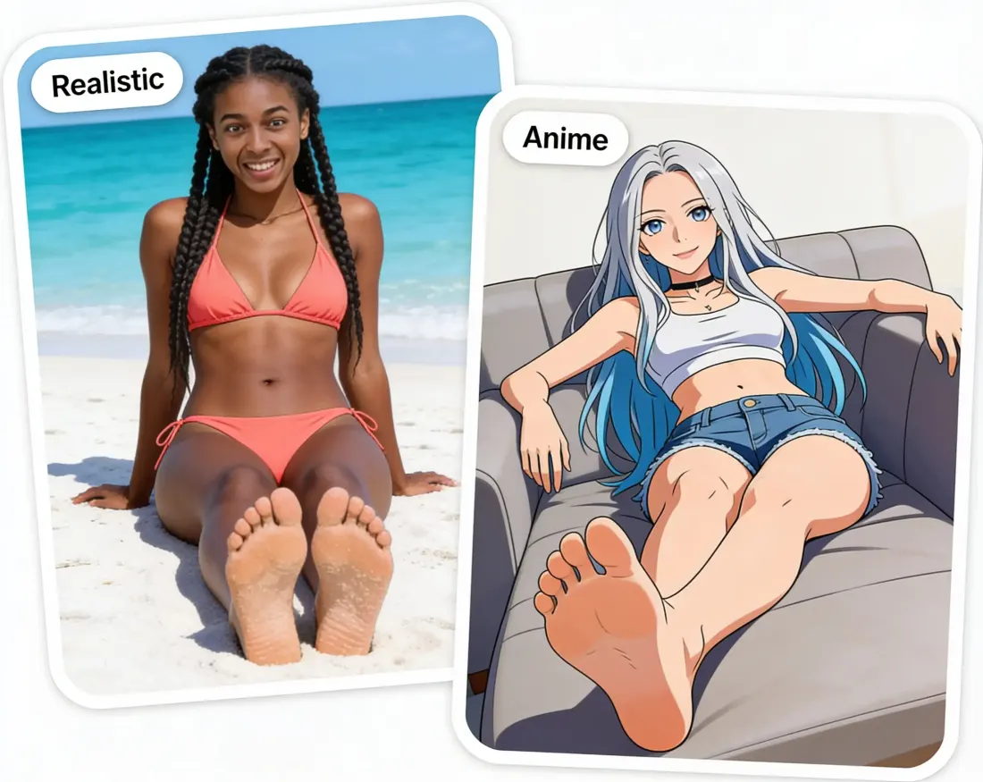 Realistic and anime feet images side by side: a woman on a beach and an anime character on a sofa