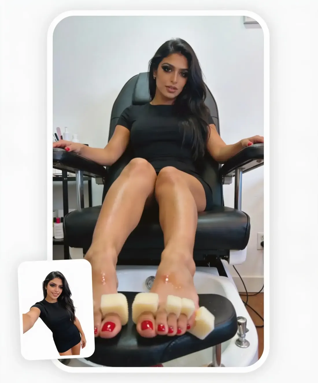 A selfie placed on a pedicure-chair pose preset with the same face in the AI generated feet photo