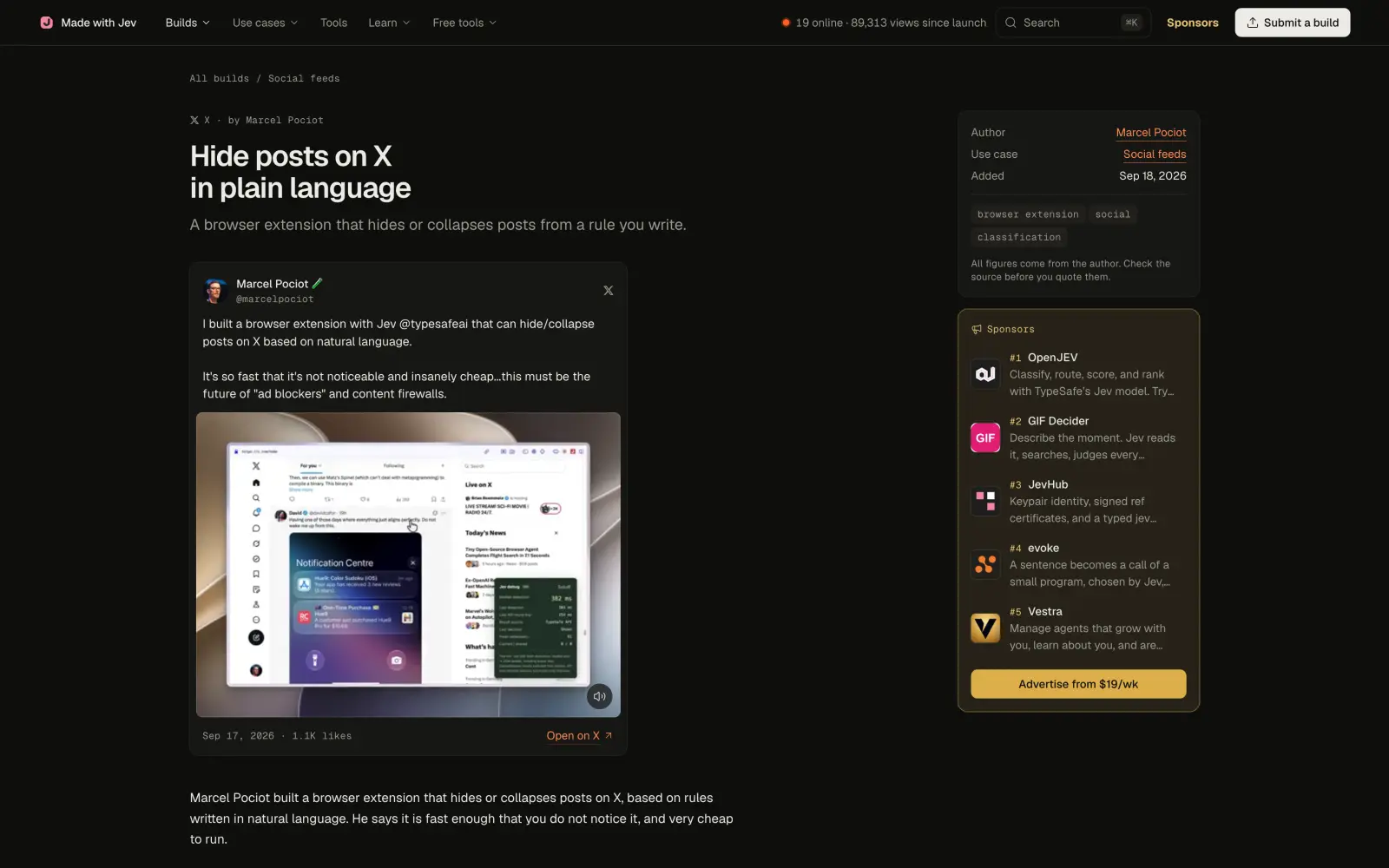Browser extension that hides posts on X in plain language, built with Jev