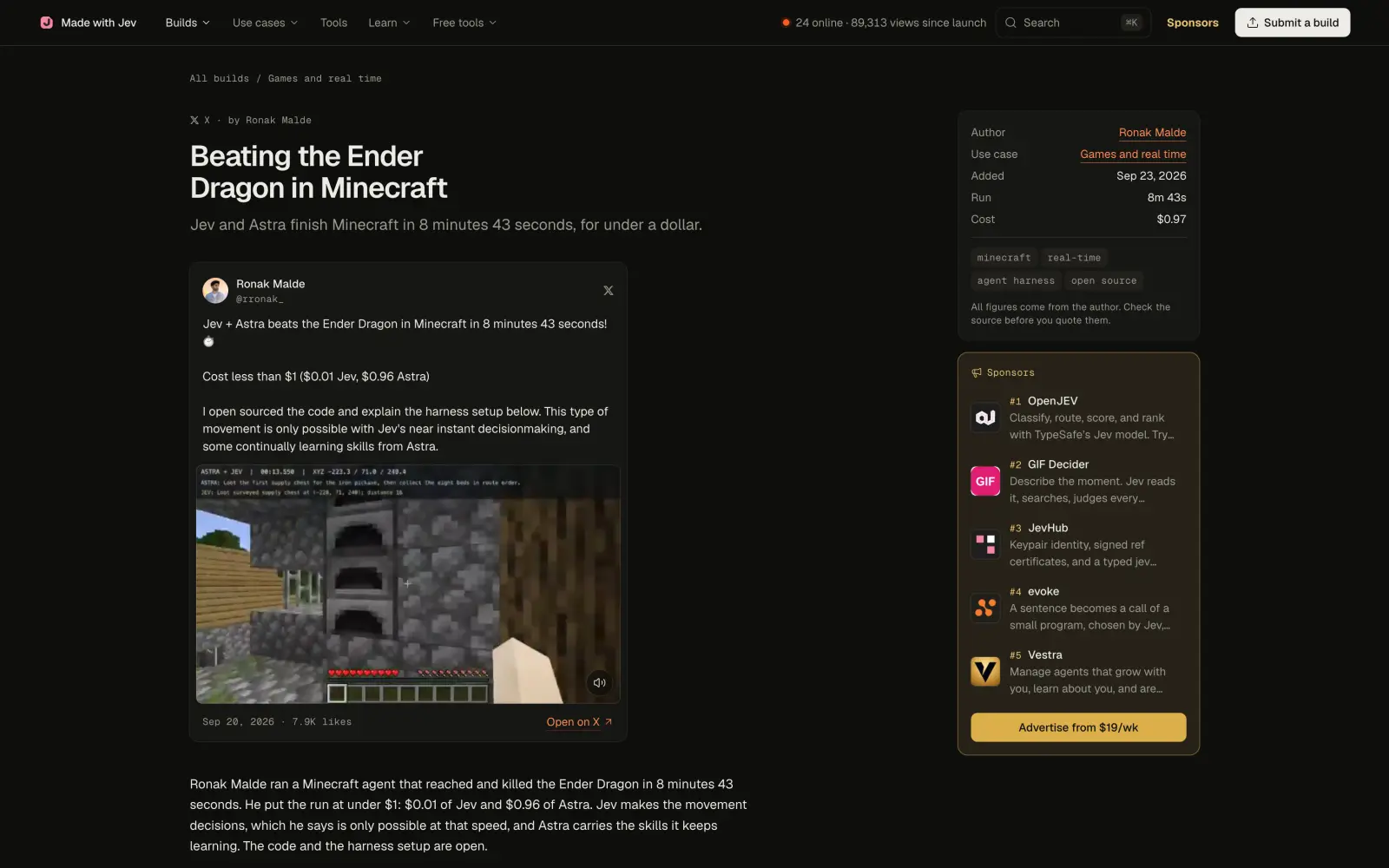 Jev and Astra agent beating the Ender Dragon in Minecraft, as listed on Made with Jev