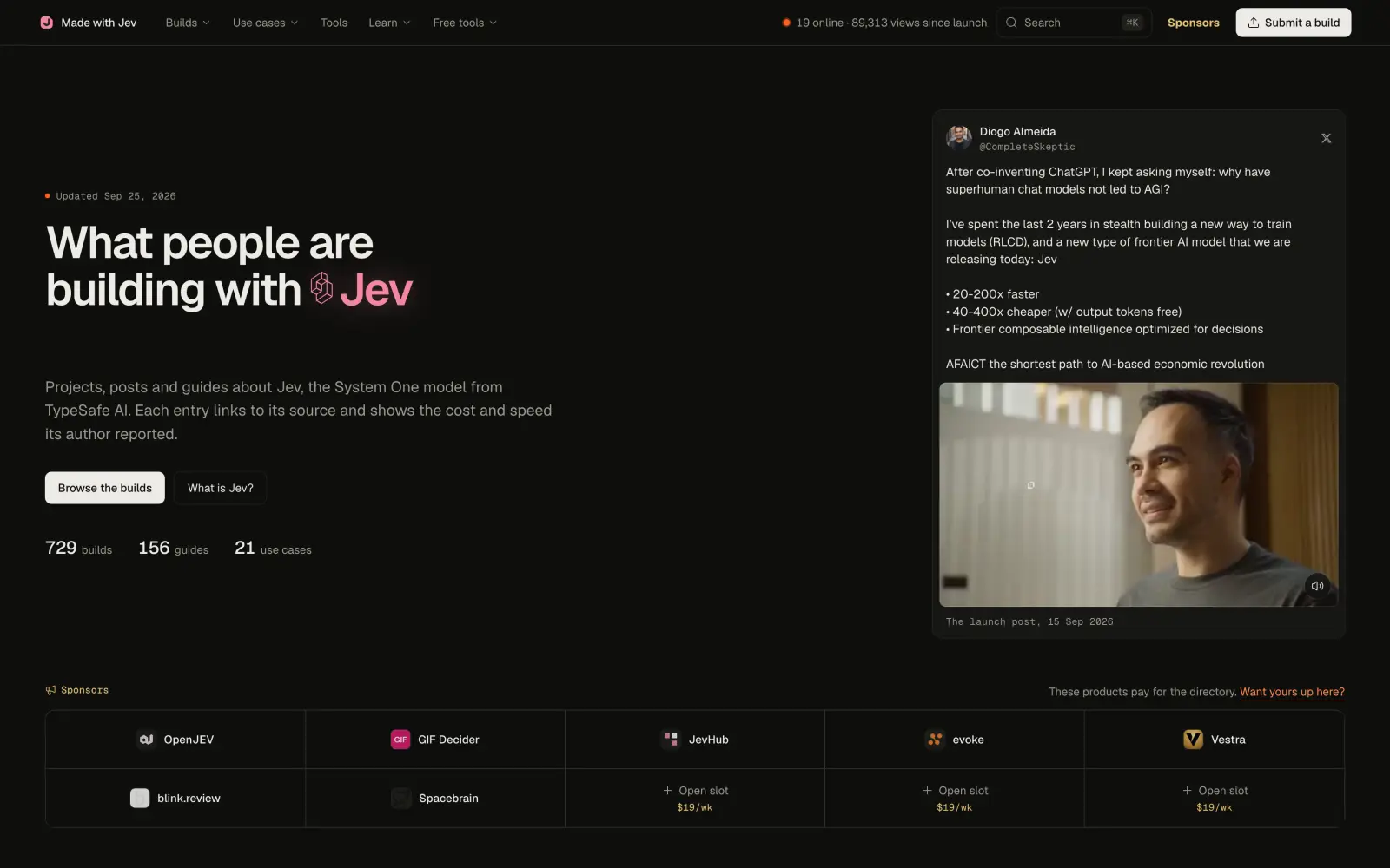 Made with Jev homepage, a community directory of projects built with Jev