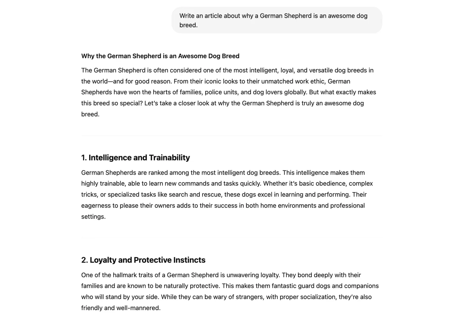 German Shepherd article is shown being generated from a prompt using AI.
