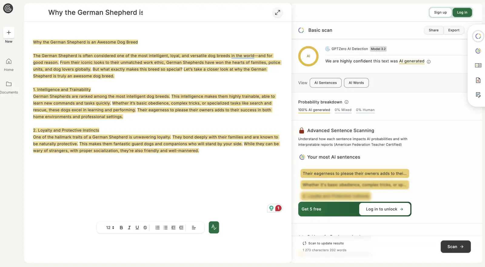 GPTZeroflags a German Shepherd article as 100% AI-generated with 18 AI phrases detected.