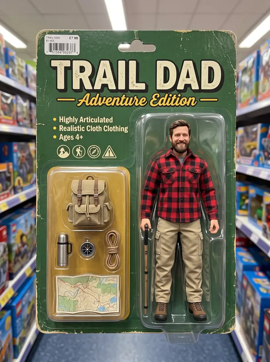 Bearded action figure in a plaid shirt inside a TRAIL DAD blister pack with hiking gear