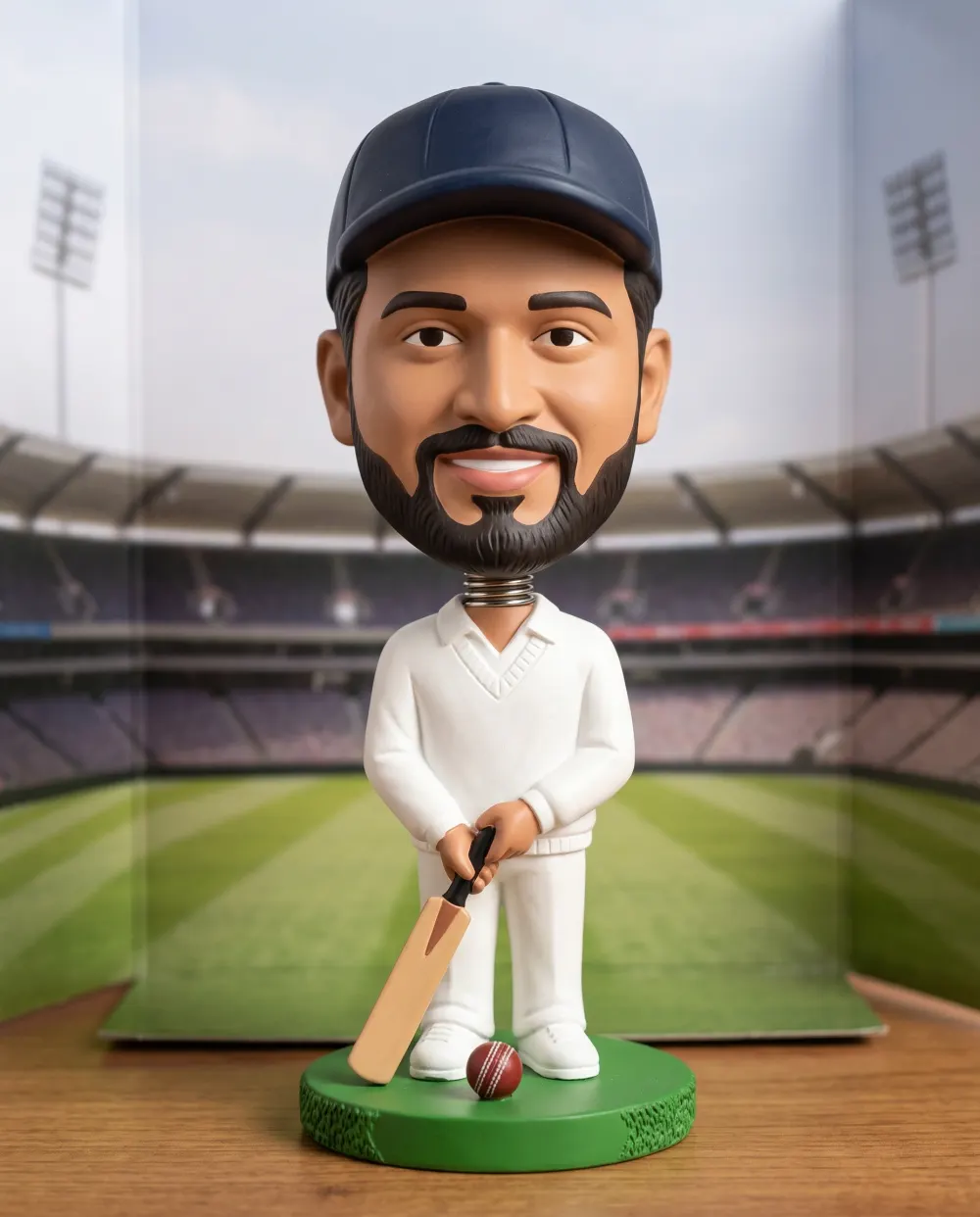 Cricket bobblehead of a bearded man in whites and a navy cap holding a tiny bat