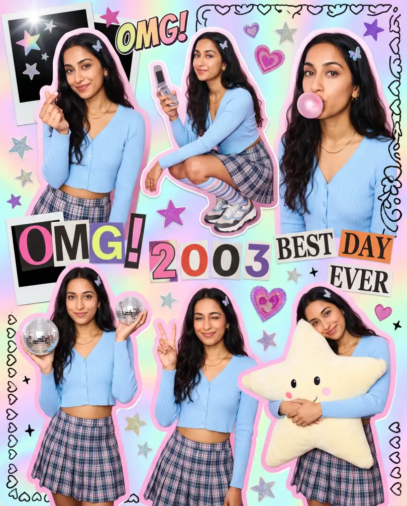 Y2K scrapbook collage with six cutouts of one woman in a blue cardigan and plaid skirt