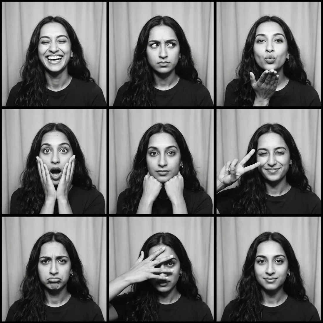 Black-and-white 3×3 photobooth grid of one woman making nine different facial expressions
