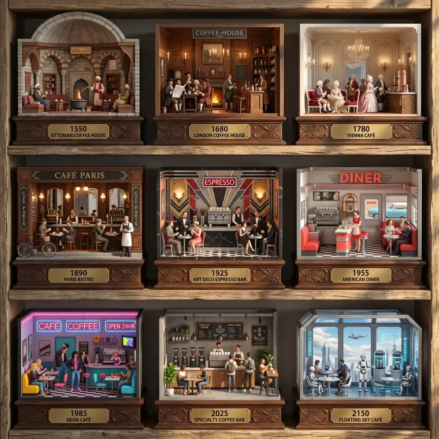 Nine miniature coffee-house dioramas with brass year plaques running from 1550 to 2150