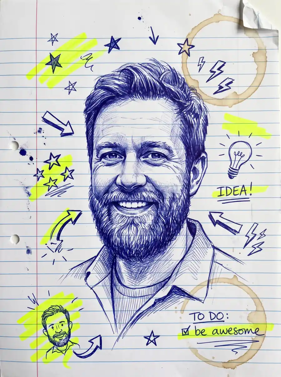 Blue ballpoint sketch of a smiling bearded man on lined paper with doodles and highlighter