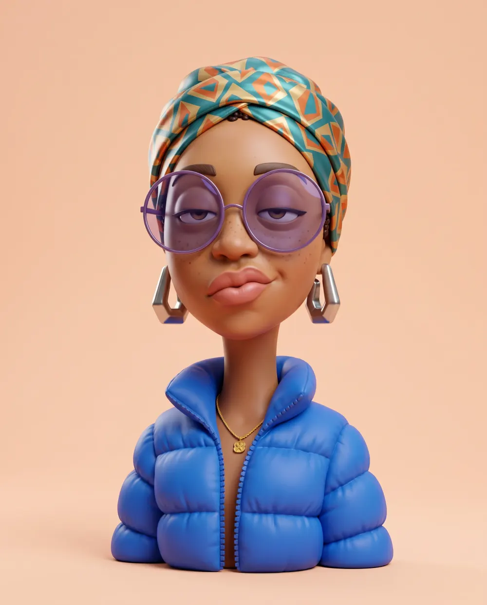 Big-head 3D caricature of a woman in a silk headwrap, tinted round glasses and blue puffer