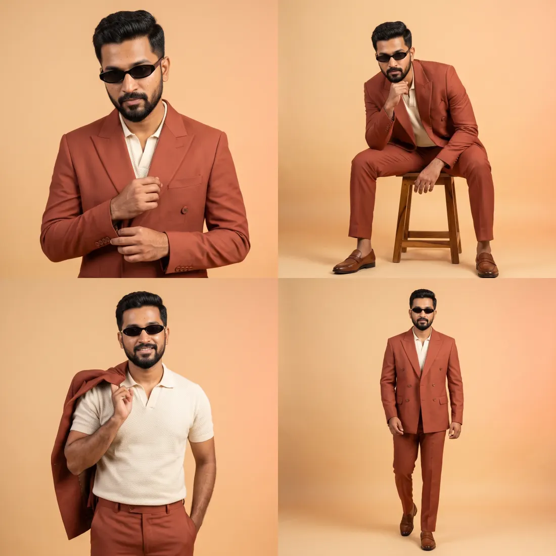 Four-pose studio grid of a man in a rust suit, from a Gemini photo prompt