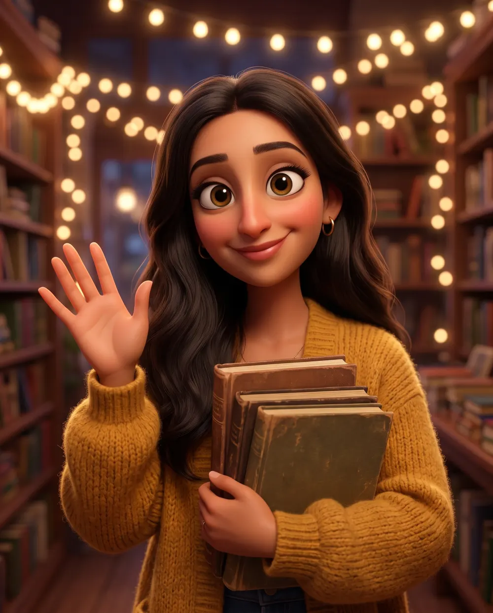 3D animated character of a woman in a mustard cardigan waving in a string-lit bookshop